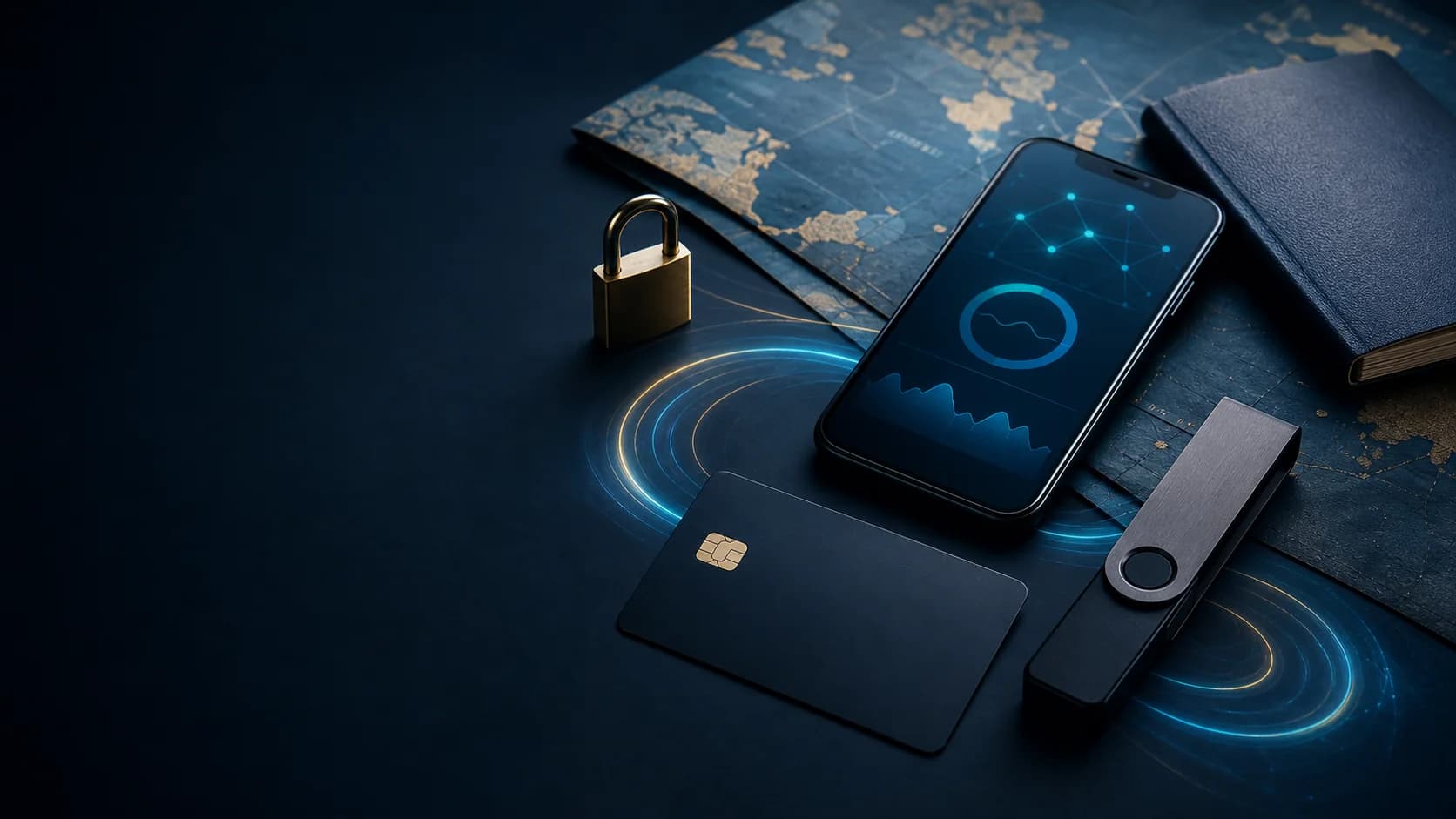 Unbranded payment card, hardware wallet and phone showing secure digital-asset access beside a world map